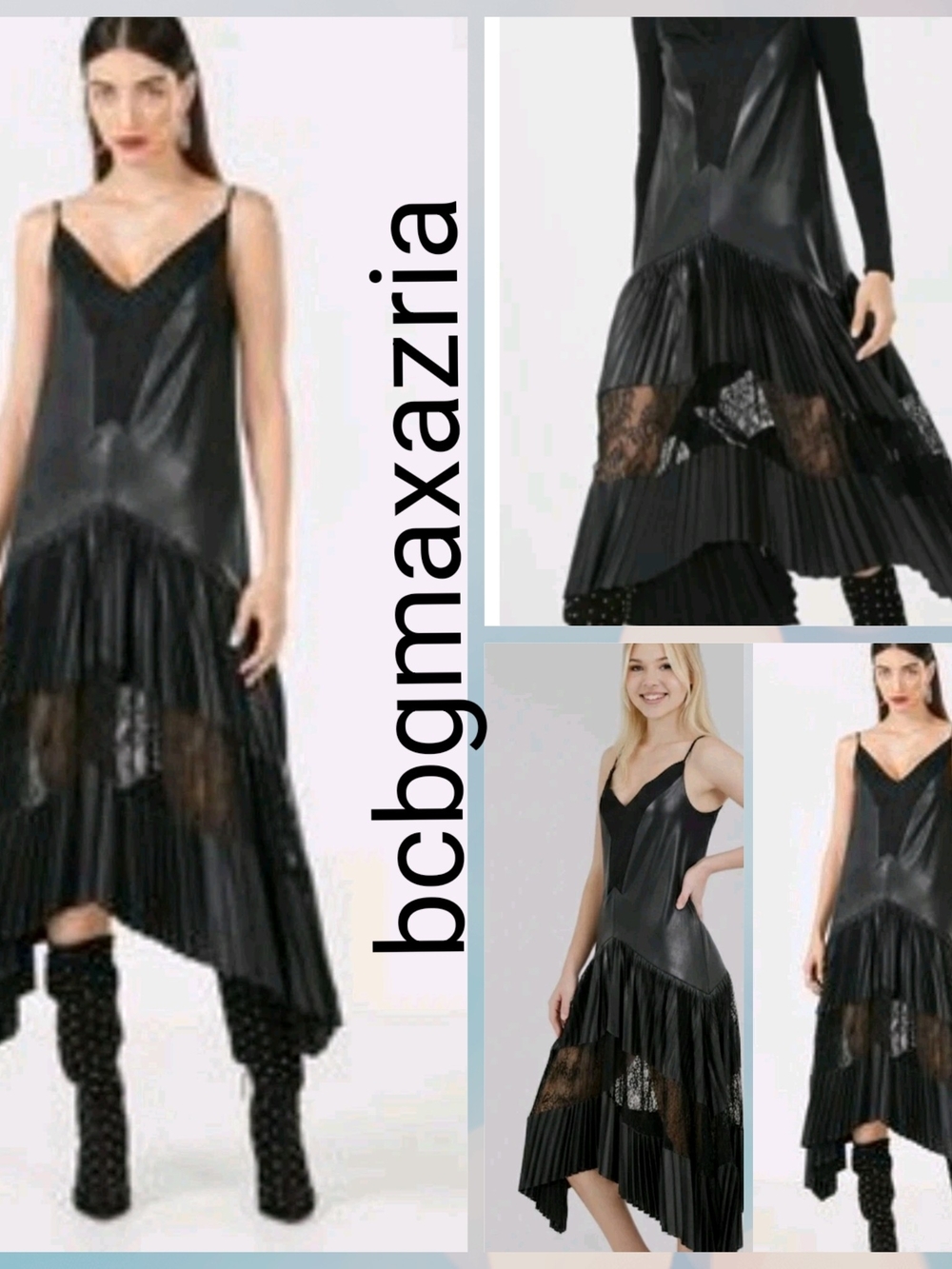 New With Tag BCBGMAXAZRIA FAUX LEATHER LACE INSET PLEATED ASYMMETRIC  DRESS